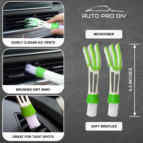 11 Piece Car Detailing Kit For Wheels Exterior And Interior Cleaning With Boar Hair Brushes Stainless Steel Wire Tools And Duster Brushes Reach Tight Spots DIY Pro Detail Set For A Fresh Like New Look showing vent duster brush