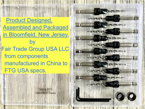 12 Pc Pro Grade Adjustable Wood Countersink Drill Bit Kit with Parabolic Flute and Tapered Bits displayed in storage case.