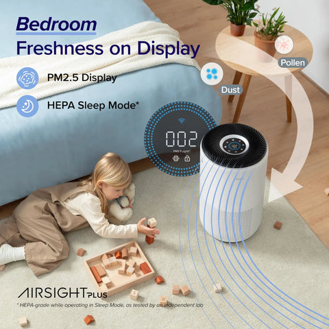 Child playing near Big Room Air Purifier For Homes Up To 1733 Sq Ft With HEPA Sleep Mode Clean Air Monitor Auto Mode Smart WiFi 3 In 1 Filter For Pet Dander Smoke Dust AHAM Verifide Core 400S P White