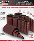 Aluminum Oxide Spindle Sanding Sleeves 18 Pack 4.5 Inch Length Assorted Grits 80 120 240 Half Inch To Three Inch Sandpaper For Woodworking Pro Grade Abrasive Sleeves For Quick Smooth Finish displayed in various sizes and grit options.
