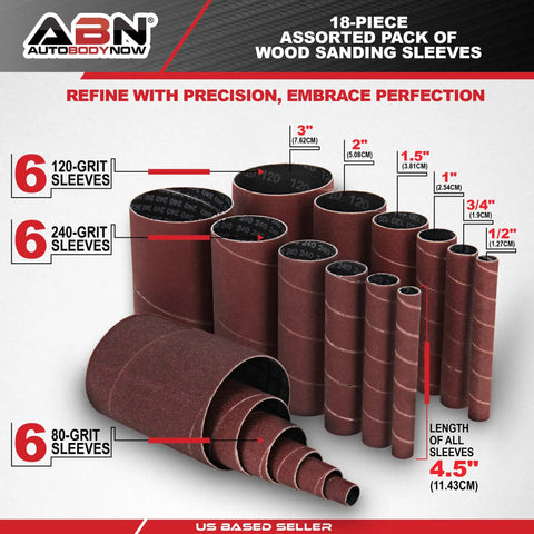 Aluminum Oxide Spindle Sanding Sleeves 18 Pack 4.5 Inch Length Assorted Grits 80 120 240 Half Inch To Three Inch Sandpaper For Woodworking Pro Grade Abrasive Sleeves For Quick Smooth Finish displayed in various sizes and grit options.
