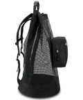 Side view of Deluxe Scuba Snorkeling Mesh Backpack Dive Bag With 123.5 Liters Capacity, showing mesh material and zip pocket.