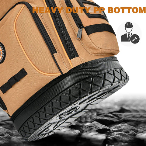 Heavy Duty Tool Backpack With Combo Lock And Dual Canvas Pouches Built Like A Tank For Electricians And Contractors Kicking It High On The Daily Grind In Brown, featuring durable PP bottom and heavy-duty canvas.