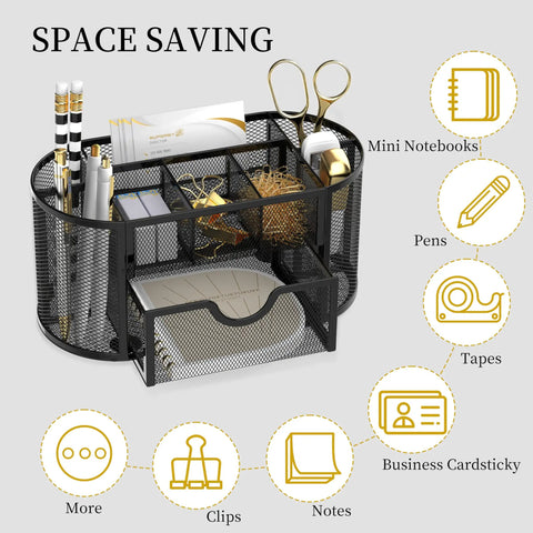 Mesh Desk Organizer With Drawers, 9 Compartments Pencil Holder For Desk, Go To Office Accessory For Home School Classroom, Fits On Desk Or Shelf, 8.6 X 4.3 X 4.1 Inches, Black holding stationery items.