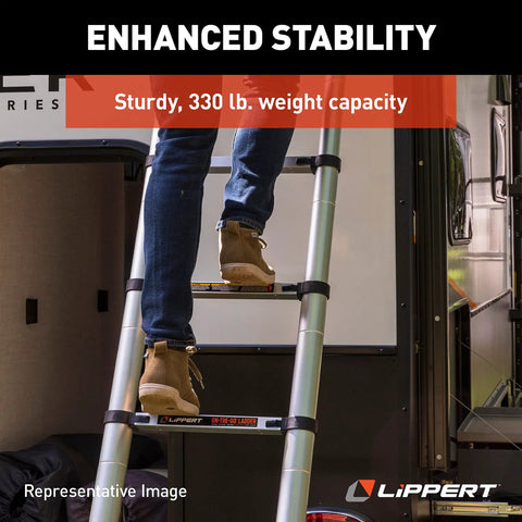 On The Go Portable Telescoping RV Ladder 14.5 Ft For Easy Roof Access, Quick Extend, And Deep Stow To 35.75 In, Heavy Duty 330 Lb Capacity, Stable And Safe Climbing For Your RV, Fits Lippert Ladder Receiver, RV ladder in use