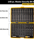 148 Piece Master Security Bit Set With Magnetic Bit Holder Quick Release Bit Holder clear case open showing bits