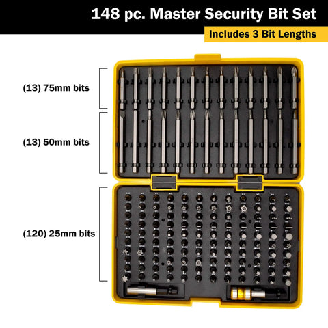 148 Piece Master Security Bit Set With Magnetic Bit Holder Quick Release Bit Holder clear case open showing bits