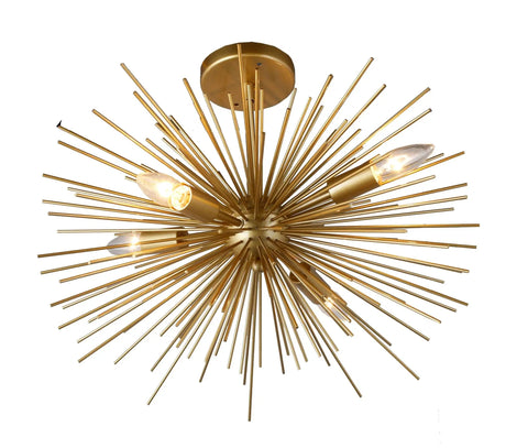 Gold Spike Sputnik Flush Mount Ceiling Light 20 Inch Mid Century Starburst Chandelier In Brass Plated Metal With Four E12 Sockets