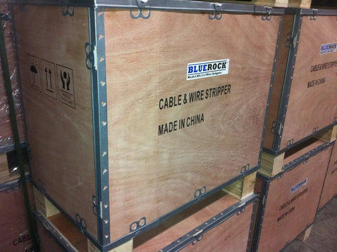 Wooden crate labeled 'Cable & Wire Stripper Made in China'