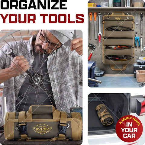 Roll Up Tool Bag Organizer 2 Pack Heavy Duty Portable Roll Up Pouch used by mechanic, hung in garage, stored in car trunk