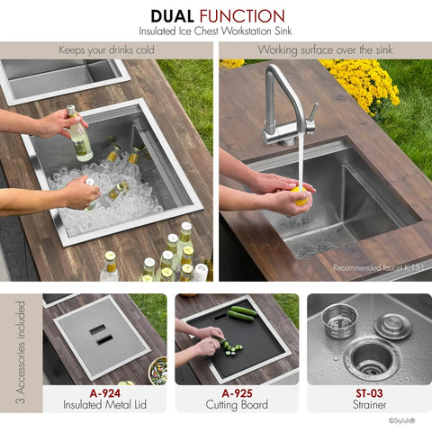 Badass Hella Insulated Workstation Sink For Outdoor Kitchen Bar Station With Deep Stainless Bowl Includes Heavy Duty Lid Commercial Grade Strainer And Cutting Board Built Sick, featuring ice chest and faucet.