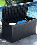 100-Gallon Large Resin Deck Box Waterproof Outdoor Storage For Patio Furniture Cushions Garden Tools And Pool Supplies Lockable Black All-In-One Backyard Organizer by the pool.
