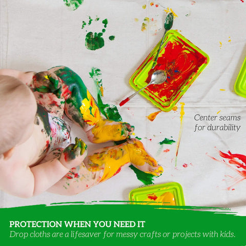 All Purpose Canvas Drop Cloth For Painting And Renovation, Heavy Duty Floor Cover with child painting messily, center seams visible