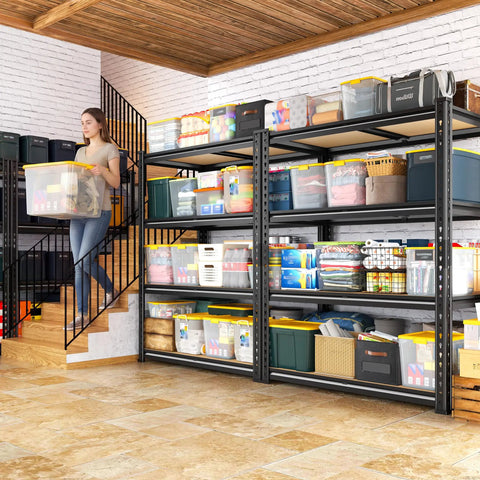 Two Pack Adjustable Garage Shelves With Side By Side Design Deliver 71 Inch Wide Storage For Garage Pantry And Kitchen Heavy Duty Build Perfect For 18 Gallon Storage Boxes Five Gallon Buckets Spare Tires Moving Boxes And More. Side view in garage with bins