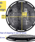 Heavy-Duty 16 Inch Cast Iron Manhole Cover And Frame For 15 Inch Corrugated Pipe, black anti-slip design with measurements.