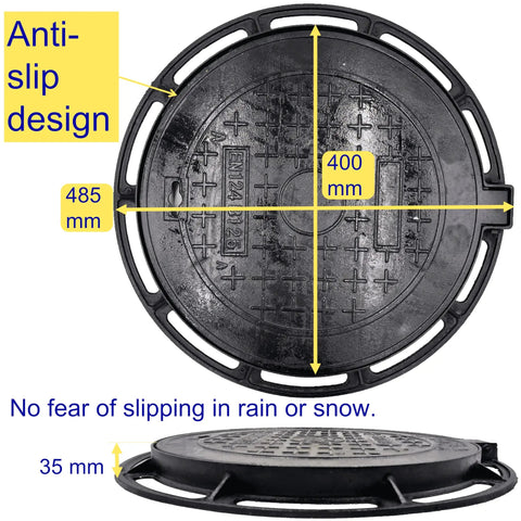 Heavy-Duty 16 Inch Cast Iron Manhole Cover And Frame For 15 Inch Corrugated Pipe, black anti-slip design with measurements.