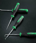 4-Piece Hook And Pick Set With Hardened Steel Shafts And Chrome Plated Finish For Anti Rust Durability, Ultra Fine Tips, Includes Straight Pick, Offset Pick, 90 Degree Pick, And Hook For Precision Repair And Detail Work, angled on black background