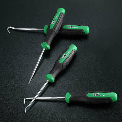 4-Piece Hook And Pick Set With Hardened Steel Shafts And Chrome Plated Finish For Anti Rust Durability, Ultra Fine Tips, Includes Straight Pick, Offset Pick, 90 Degree Pick, And Hook For Precision Repair And Detail Work, angled on black background