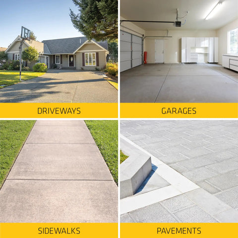 Sikaflex Self-Leveling Sealant For Concrete Joints And Surfaces, Quick Cure, Waterproof, shown in driveways, garages, sidewalks, pavements