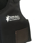 Cordura Junior Protective Vest for Riding, Adjustable Fit, Black and Brown Color, 33 Inch, close-up of saddle barn logo