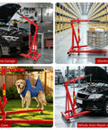 No Sweat 4400 Pound Engine Hoist Cherry Picker With Adjustable Telescopic Boom in a home garage lifting a car engine.