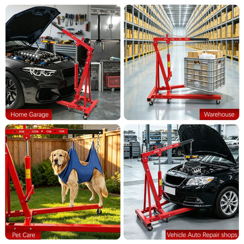 No Sweat 4400 Pound Engine Hoist Cherry Picker With Adjustable Telescopic Boom in a home garage lifting a car engine.