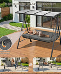 Three Seat Patio Swing With Canopy 2 In 1 Convertible Bed Heavy Duty Outdoor Porch Swing Chair 750 Lbs shown as bed on patio