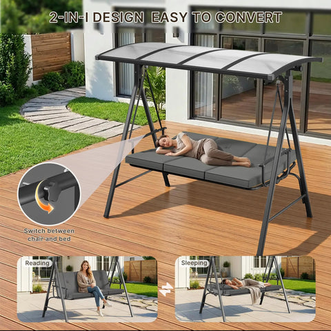 Three Seat Patio Swing With Canopy 2 In 1 Convertible Bed Heavy Duty Outdoor Porch Swing Chair 750 Lbs shown as bed on patio