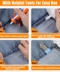 Steps showing Permanent Fabric Glue 60 ML Washable Clear Clothing Glue on denim with tools for application and fixing.
