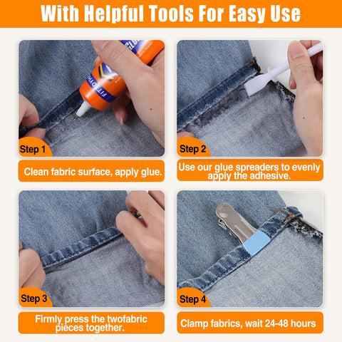 Steps showing Permanent Fabric Glue 60 ML Washable Clear Clothing Glue on denim with tools for application and fixing.