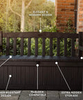 Solana 70 Gallon Storage Bench Deck Box for Patio Furniture and Outdoor Seating with All Weather Resin, shown on patio