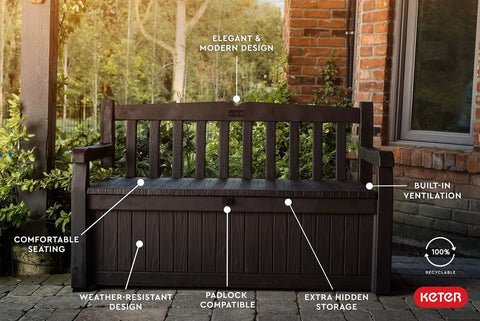 Solana 70 Gallon Storage Bench Deck Box for Patio Furniture and Outdoor Seating with All Weather Resin, shown on patio