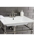Heritage 4 Inch Centerset Lavatory Faucet With Metal Lever Handle in Polished Nickel on white sink