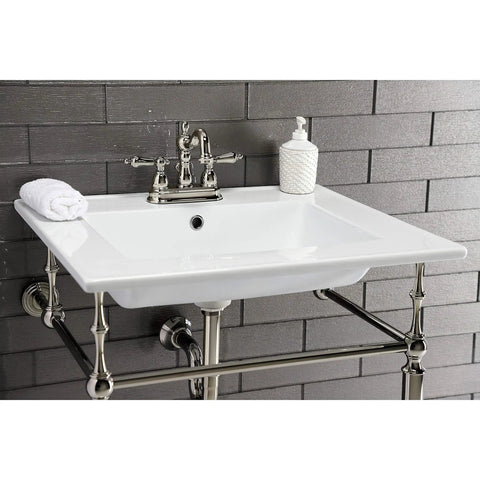 Heritage 4 Inch Centerset Lavatory Faucet With Metal Lever Handle in Polished Nickel on white sink