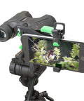 HookUpz Two Point Zero Universal Smartphone Optics Digiscoping Adapter for spotting scopes with phone attached showing bird photo