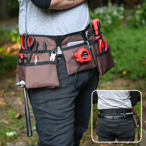 Person wearing Tough As Nails Heavy Duty 19 Pocket Tool Belt And Work Apron With Adjustable Poly Web Belt outdoors with tools.