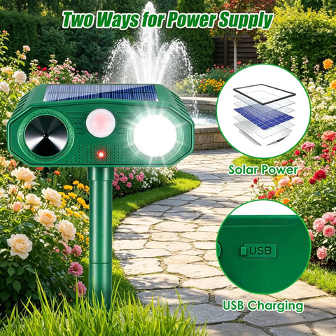Solar Powered Outdoor Animal Deterrent With Motion Activated Ultrasonic Alerts And LED Strobe Lights in garden setting