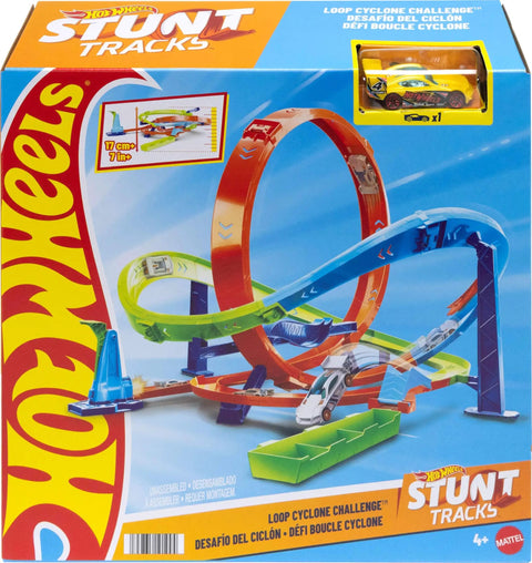 Packaging of Action Loop Cyclone Challenge Car Track Set With Boomerang Loops, 18 Inch Tall Raceway, 2 Ways To Play, Easy Storage