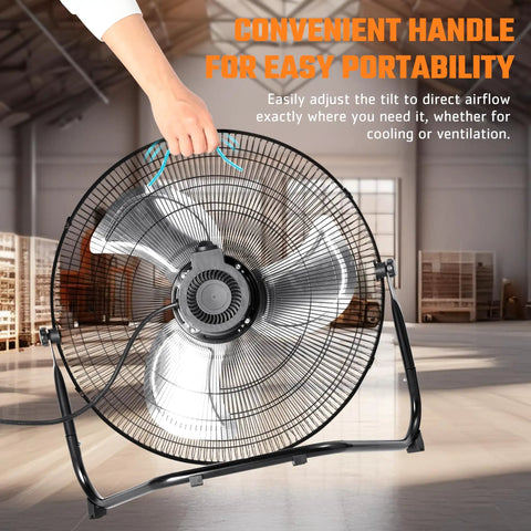 Heavy Duty 20 Inch Industrial Floor Fan With 4650 CFM Airflow, 3 Speed Settings, being tilted by a hand in a warehouse