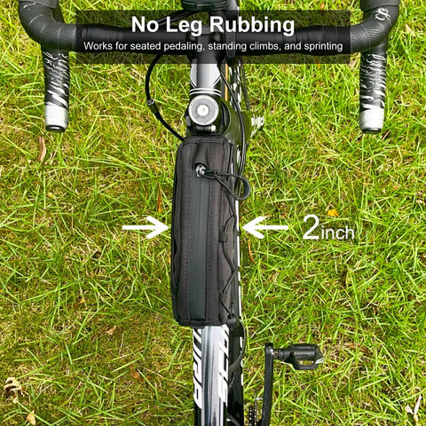 Top view of Front Frame Top Tube Bag 1L With Dual Side Storage for Road and Mountain Bikes, showing no leg rub, fits snugly.