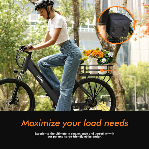 Woman riding a Cityone 26 Inch Electric Bike for Adults with 750W Peak Power, step through frame, carrying flowers on rear rack, black