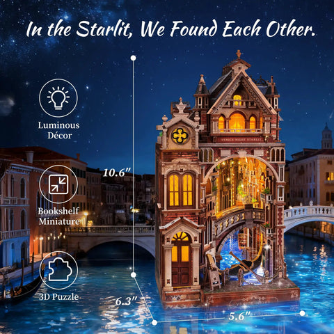 Lit Venice Night Starlit Book Nook Kit With LED 3D Wood Puzzle And Infinity Mirror, bookshelf decor display