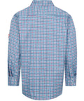 Back view of Men's Flame Resistant Plaid Shirt 6.5 Oz Lightweight FR Treated Blue And Red Check With FR Buttons Snap Front Wrinkle Free
