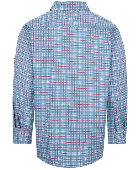 Back view of Men's Flame Resistant Plaid Shirt 6.5 Oz Lightweight FR Treated Blue And Red Check With FR Buttons Snap Front Wrinkle Free