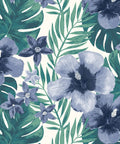 Salome Tropical Pattern with blue and white flowers and green leaves on a patio dining chair cushion.