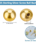 1 Pair Screw Ball Backings For 0.95mm Threaded Posts, 3mm To 4mm Round Ball Stud Earring Stoppers, Gold Plated 925 Sterling Silver