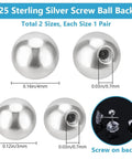 925 Sterling Silver Screw Ball Backings For Earrings 3 To 4 Mm Round Ball Earring Stoppers, showing size and compatibility