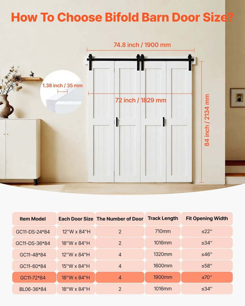 MDF Bifold Barn Door 72 By 84 Inches With Space Saving H Frame Easy Glide Track System Preassembled Panels Header Board And Hardware Kit Included Waterproof And Quiet White