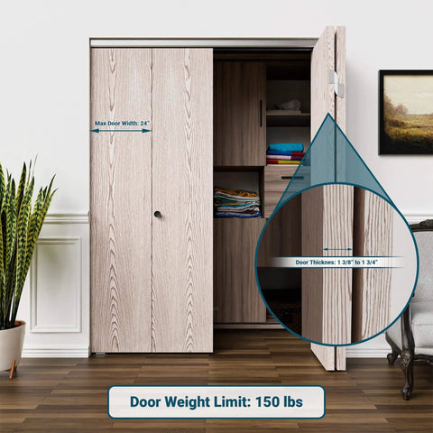 Closet showcasing 96 inch Bifold Door Hardware Kit installed, bifold door track 96 inch for 4 doors, holding up to 150 lbs.