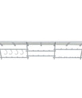 Top view of a 96 Inch Wide Wall Mounted Utility Storage Rack With 4 Bike Hooks And 20 Regular Hooks In White for garage organization.